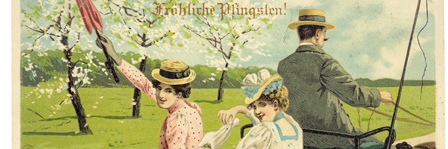An old postcard shows three people in a carriage driving through a blooming landscape. The women are happily waving with a cloth and wearing elegant dresses. | © Alfred Mailick / Winkler und Voigt, Leipzig_Privatsammlung