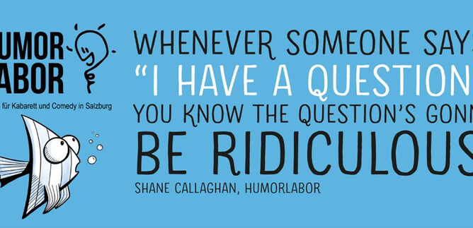 A humorous banner with the text "Humor-Labor" and a cartoon fish. The saying emphasizes that questions are often absurd. | © Foto: Julia Fink