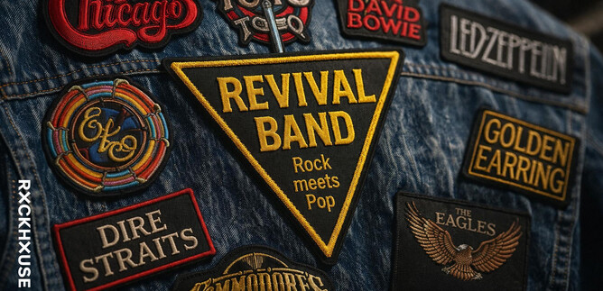 A denim jacket with various patches from well-known rock and pop bands. The central patch features the inscription "REVIVAL BAND - Rock meets Pop". | © Rockhouse Salzburg
