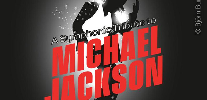 An artistic poster for a symphonic tribute to Michael Jackson. It features a stylized silhouette of the artist in black and white with bright red text. | © Björn Burkhard