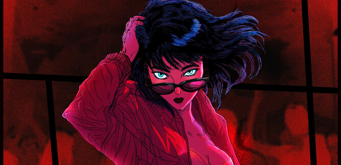 A stylized figure with black hair and a red jacket. She is wearing sunglasses and has a confident expression. | © Animix