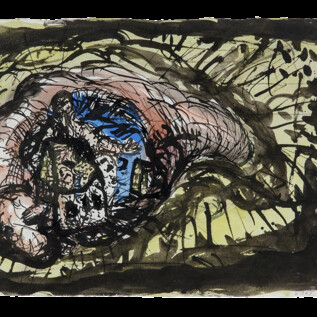 A creative image of a hand capturing a fascinating landscape with a building. The colors are vibrant and the background appears abstract. | © Foto Carl Brunn © Georg Baselitz 2026