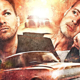 Two men with contemplative expressions in front of a colorful, artistic background. A classic car drives on a winding road. | © BlöZinger