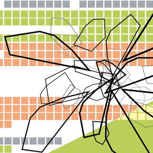 An abstract graphic with colorful square patterns in orange, gray, and green. Black-drawn, branched lines create an interesting shape in the center. | © Annette Rollny / fokus-design.com