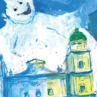 A building with green roofs and yellow walls against a blue sky. A smiling, cloudy face floats above. | © Salzburger Kulturvereinigung