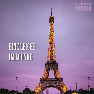 La Tour Eiffel se dresse au crépuscule devant un ciel violet. L'inscription "Un cadavre au Louvre" complète l'image. | © Arcotel Castellani