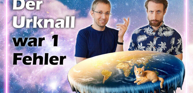 Two men stand in front of a colorful, galactic background. A rounded Earth with a cat on it is visible in the center, accompanied by the text "The Big Bang was 1 mistake." | © Martin Moder