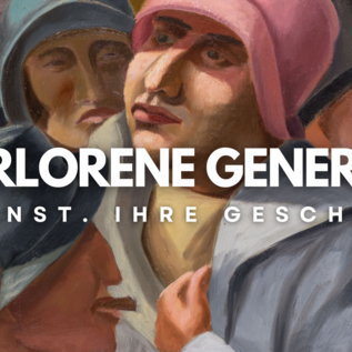 The image shows a depiction of people in different hats interacting with each other. The title "The Lost Generation" and the text "Their Art. Their Stories." give the motif a deeper meaning. | © /verlorene-generation.com