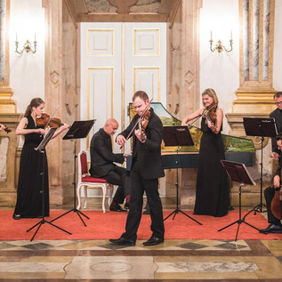 An elegant music ensemble is playing in a festive room. The musicians are dressed in formal attire and are standing in front of music stands. | © Michael Groessinger