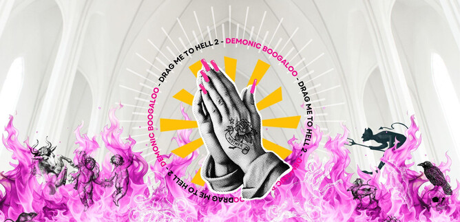 An artistic representation with folded hands in front of a bright background. Surrounded by bright pink smoke and various mystical elements. | © Nicole Klitman