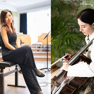 Two female musicians in a studio. The woman on the left is sitting at the piano and the woman on the right is playing the cello. | © Yo Ban / Marian Furnica