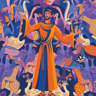 A man in an orange robe stands surrounded by many colorful birds. The scene has a lively and artistic style. | © DomQuartier