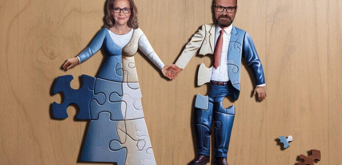 A puzzle game shows two figures, a woman in a wedding dress and a man in a suit, holding hands. Some puzzle pieces are still missing, which represents an incomplete connection. | © Manfred Baumann