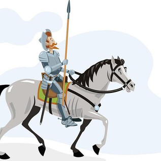 A knight rides on a gray horse and holds a spear in his hand. The sky is lightly cloudy. | © SketchStock /Shutterstock
