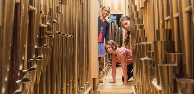 Three children are standing between the pipes of an organ. They are smiling and having a lot of fun exploring. | © Eva trifft