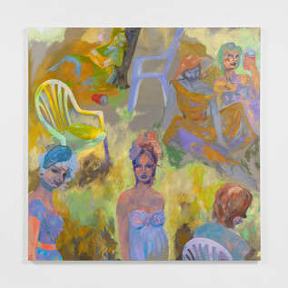 A vibrant painting featuring multiple women in colorful outfits. In the background, chairs and a summery atmosphere can be seen. | © Georgia Gardner Gray. Courtesy the Artist and Sadie Coles HQ, London. Foto: Joerg Lohse