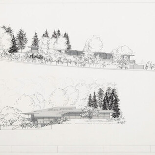 An architectural sketch showing a building in a wooded environment. At the top is a view with trees, below is a detailed representation of the building. | © Garstenauer Gerhard_Salzburg Museum