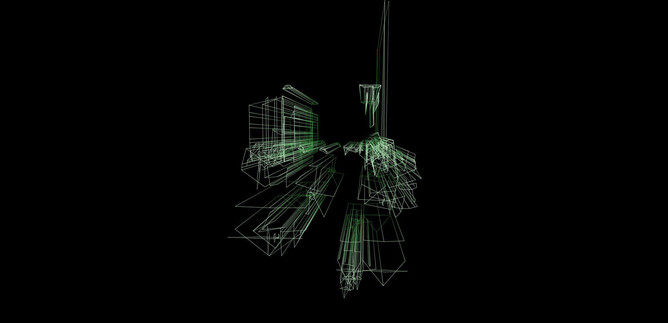 An abstract representation of buildings in wireframe form. The lines are depicted in green on a black background. | © Marco Döttlinger