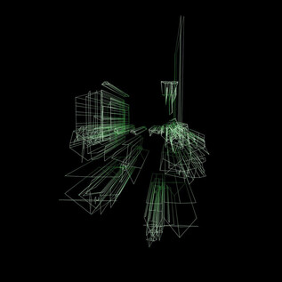 An abstract representation of buildings in wireframe form. The lines are depicted in green on a black background. | © Marco Döttlinger