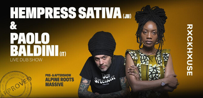 A live dub show event with Hempress Sativa and Paolo Baldini. The image shows the two artists in a creative, engaging design. | © Rockhouse Salzburg