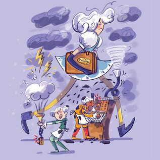 A funny depiction of a woman with gray hair running in a business suit. Around her are cartoon characters and a chaotic environment with storm clouds and tools. | © Salzburger Festspiele/Gemma Palacio