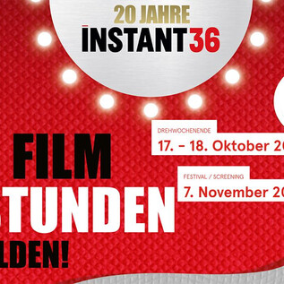 Ein farbenfrohes Poster für das Event "20 Jahre INSTANT36". Es fordert die Teilnehmer auf, ihren Film in 36 Stunden zu erstellen, mit wichtigen Terminen und Anmeldedetails. | © instant36.at