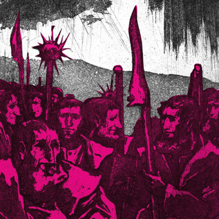 A group of people with flags and weapons in a dramatic, artistic style. The colors are vibrant and the image conveys an emotional mood. | © Salzburg Museum