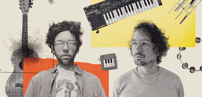 Two musicians stand in front of a creative background with musical instruments like a guitar and a keyboard. The background is colorful and artistically designed. | © joasihno.de