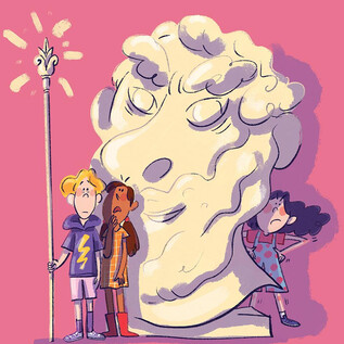 Two children look surprised at a large statue with a mysterious face. A third child reacts startled nearby. | © Salzburger Festspiele/Gemma Palacio