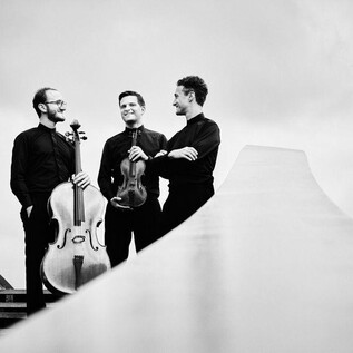 Drei Musiker stehen auf einer Treppe und lächeln. Einer hält ein Cello, während die anderen eine Violine und ein weiteres Instrument halten. | © Kaupo Kikkas