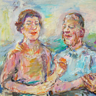 A lively painting of a couple sitting together and smiling. The colors are soft and varied, creating a friendly atmosphere. | © Rainer Iglar, © Fondation Oskar Kokoschka / Bildrecht, Wien 2026