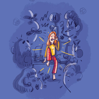 A girl sits scared on a table, surrounded by drawn faces and eerie shapes. The scene conveys a feeling of stress and interruption. | © Salzburger Festspiele/Gemma Palacio