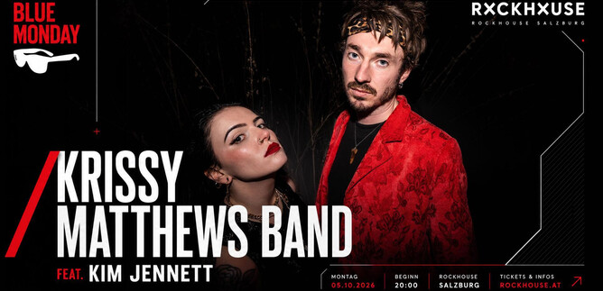A concert poster of the Krissy Matthews Band featuring Kim Jennett. It shows the two musicians in stylish clothing against a dark background. | © Rockhouse Salzburg
