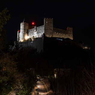 Eine beeindruckende Burg auf einem Hügel, beleuchtet in der Dunkelheit. Der Weg zur Burg ist von Bäumen gesäumt und führt sanft bergauf.