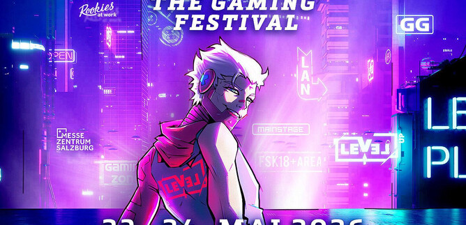 A colorful poster for the gaming festival "LEVEL UP" in Salzburg. The event takes place on June 28 and 29, 2025, at the Salzburg Exhibition Center. | © Messezentrum Salzburg