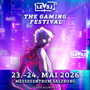 Barevný plakát pro herní festival "LEVEL UP" v Salcburku. Akce se koná 28. a 29. června 2025 v Messezentrum Salzburg. | © Messezentrum Salzburg