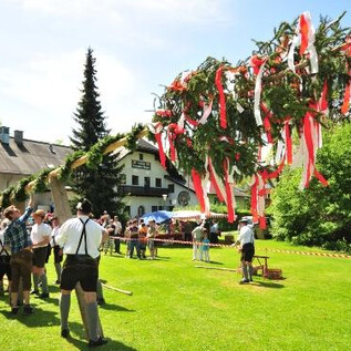 A cheerful outdoor celebration where a maypole with colorful ribbons is erected. People in traditional clothing gather on a meadow in front of an inn. | © Brauchtumsgruppe 'Die Lustigen Salzburger'