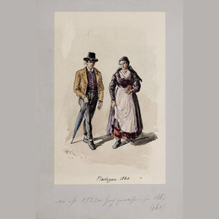 A historical image of a couple from the year 1840. The man is wearing a top hat and a jacket, while the woman is wearing a traditional dress. | © Salzburg Museum