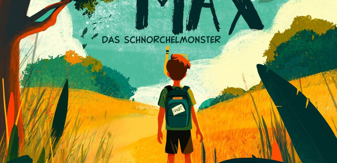A boy with a backpack stands on a path, surrounded by green plants and an extensive landscape. Above him is the title "MAX THE SNORKEL MONSTER". | © gefinkelt