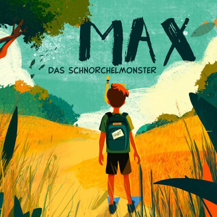 A boy with a backpack stands on a path, surrounded by green plants and an extensive landscape. Above him is the title "MAX THE SNORKEL MONSTER". | © gefinkelt