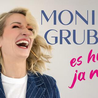 A laughing woman with blonde, curly hair is wearing a striped blazer. The text on the image includes the name "Monika Gruber" and the saying "it doesn't help at all." | © Starupphot