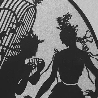 A stylized silhouette representation of two figures, one in front of a birdcage environment. The scene conveys a mysterious atmosphere. | © ISM