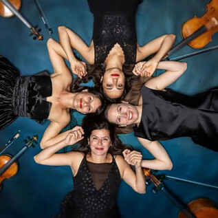 Four women in elegant black dresses are lying on the floor, holding hands. Violins are placed around them. | © Ernest Stierschneide