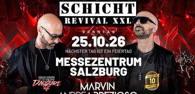 A poster for the event "Night Shift Revival XXL" featuring artists Marvin and Andrea Prezioso. The event takes place on October 25, 2026, at the Salzburg Exhibition Centre. | © Mad Event GmbH