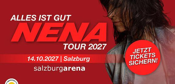An advertisement poster for Nena's concert in Salzburg 2027. The background is red and contains information about the date and the venue. | © Cook Music Management GmbH
