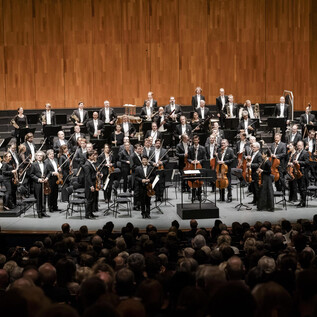 A large orchestra stands on stage and plays a concert. Many listeners can be seen in the audience. | © Stephan Rabold
