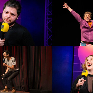 A lively comedy show with multiple performers on stage. The artists display various emotions and interactions with the audience. | © vlonru - Der Kuseng: FM4 / Happy Hour, AnnPhi & Stefanie Sourial: Marija Sabanovic, Denice Bourbon: FM4 / Happy Hour