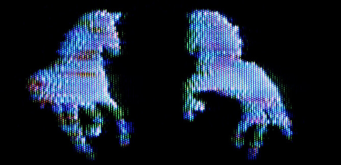 Two stylized horses in vibrant colors on a black background. The outlines are presented in a pixelated appearance. | © Michael Perl
