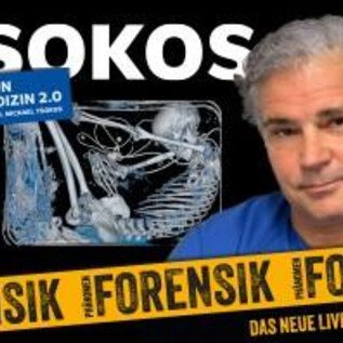 A man stands against a background with forensic images. The text is about a new live program focused on the fascination of forensic medicine. | © Hoanzl Agentur GmbH