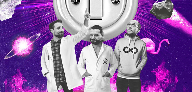 Three men stand in front of a large power outlet, surrounded by a colorful, galactic background. They are wearing different clothes and looking at the camera. | © Science Busters
